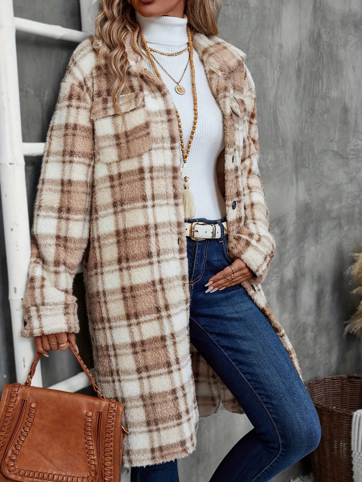 Camel Plaid Longline Fleece Shacket with Pockets - Camel - 4