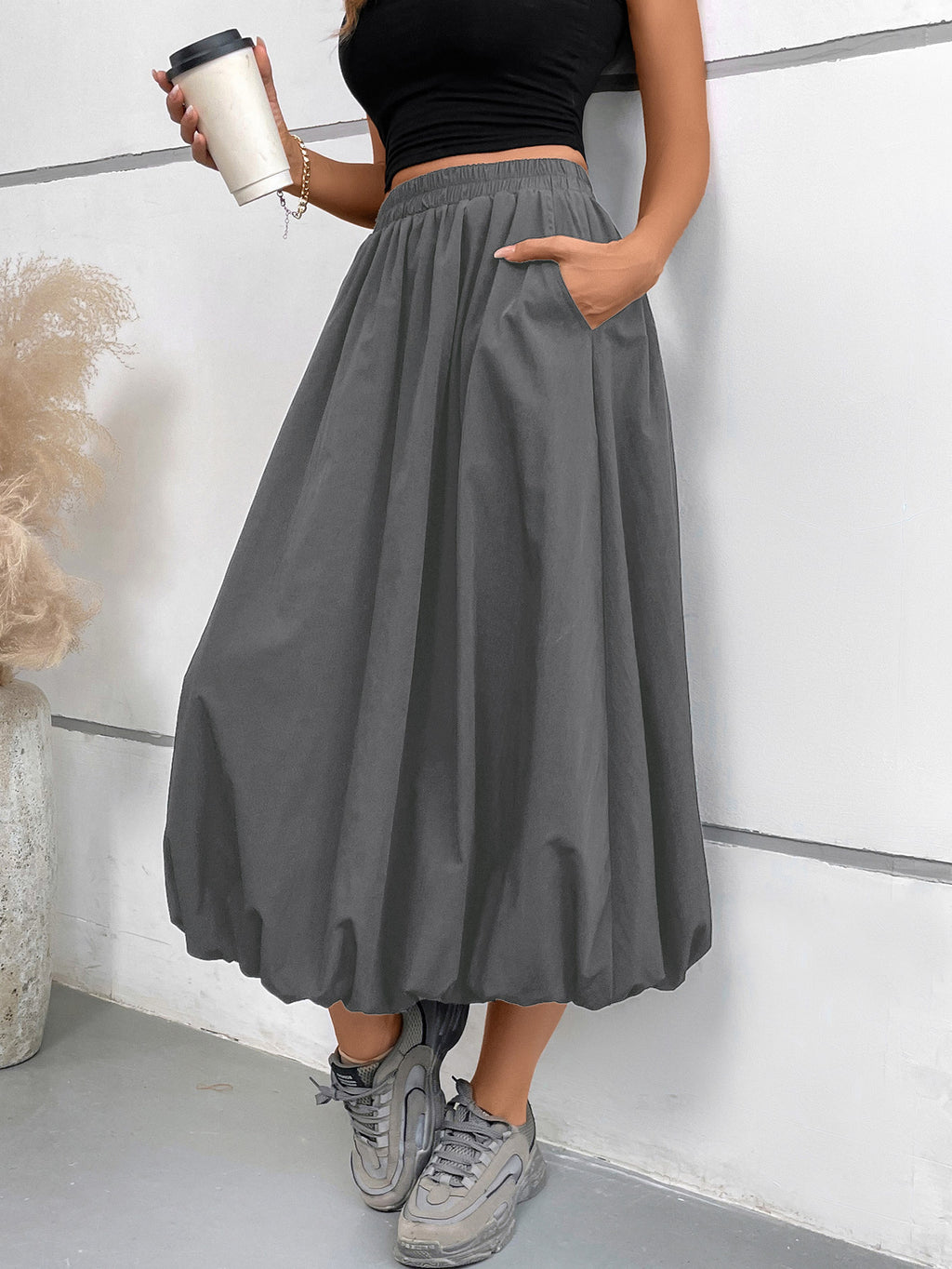 Bubble Hem Midi Skirt With Pockets - Gray