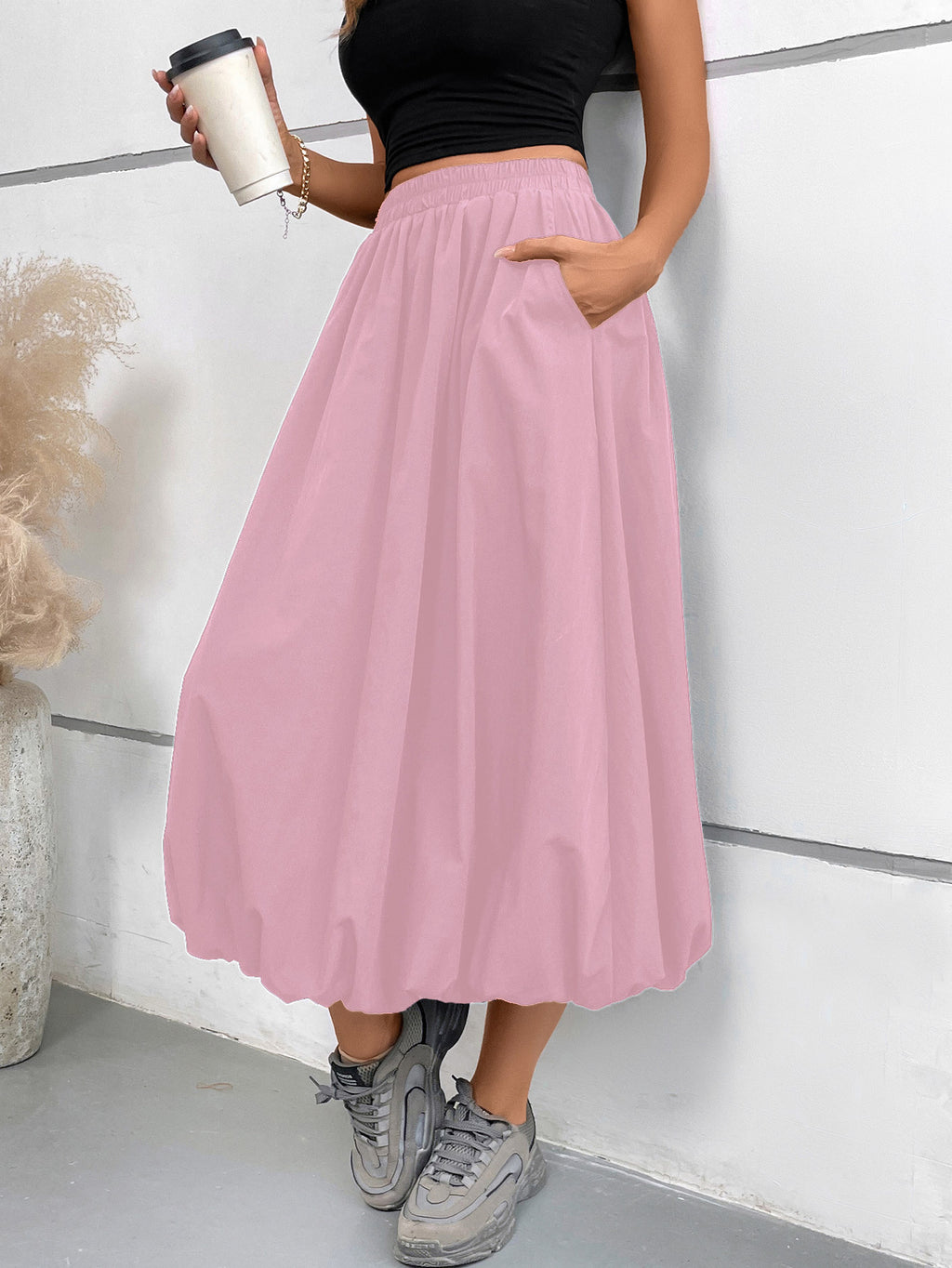 Bubble Hem Midi Skirt With Pockets - Pink