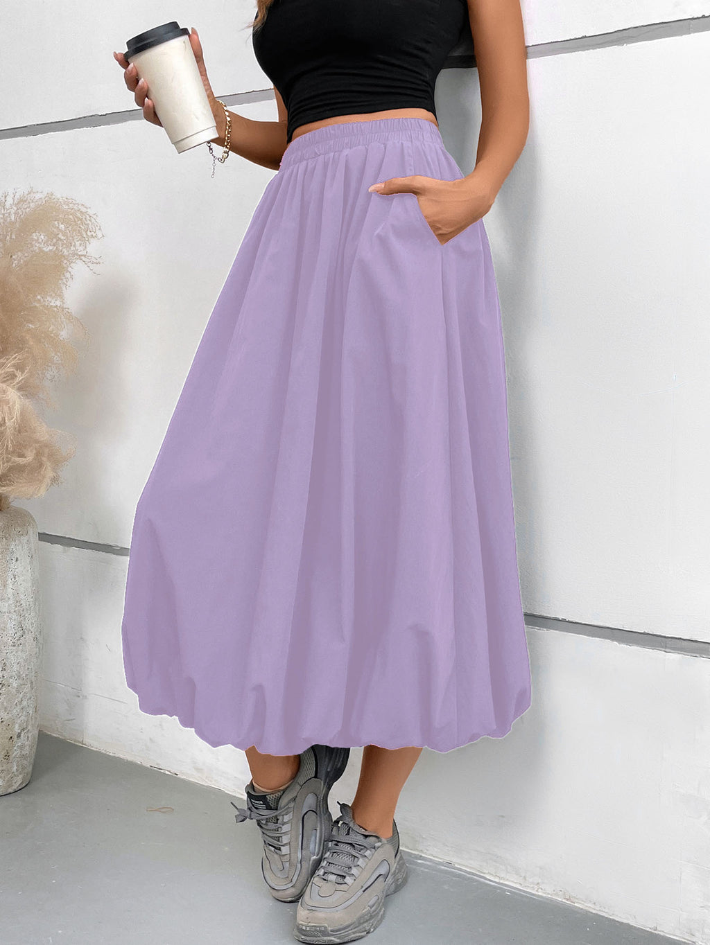 Bubble Hem Midi Skirt With Pockets - Purple
