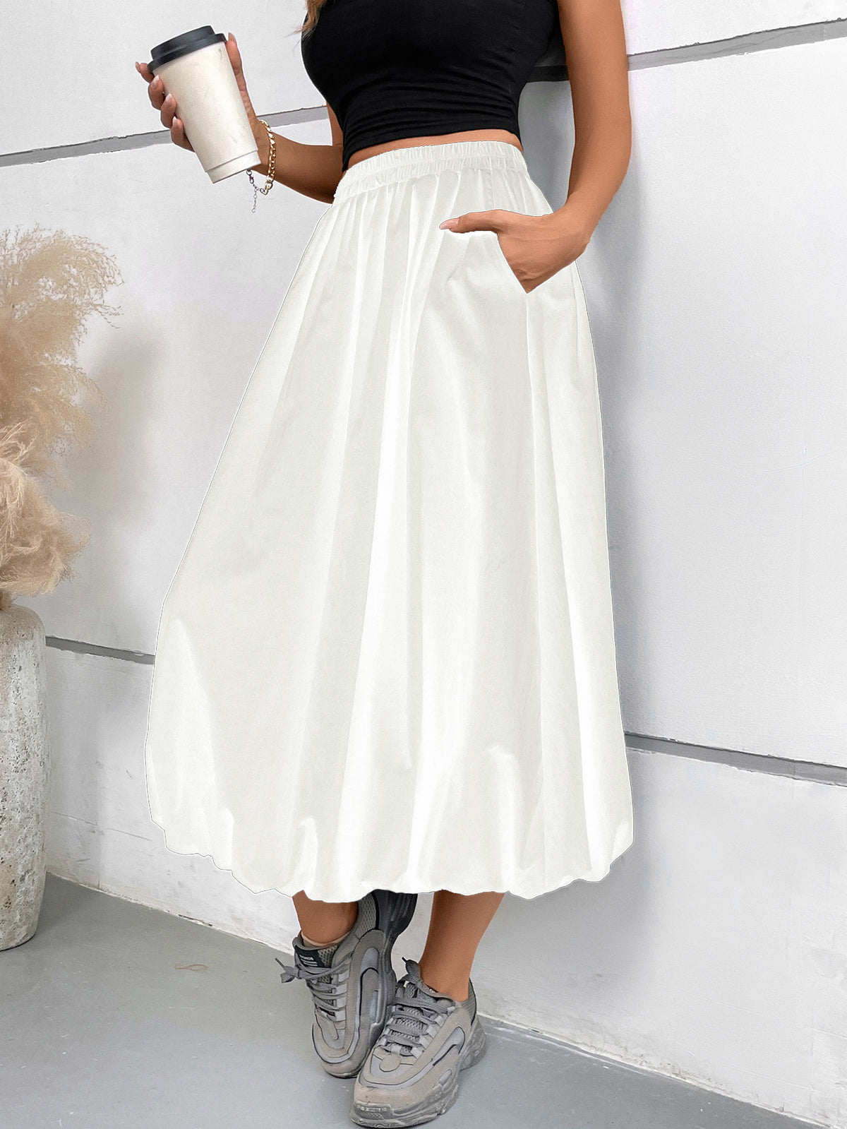 Bubble Hem Midi Skirt With Pockets - White