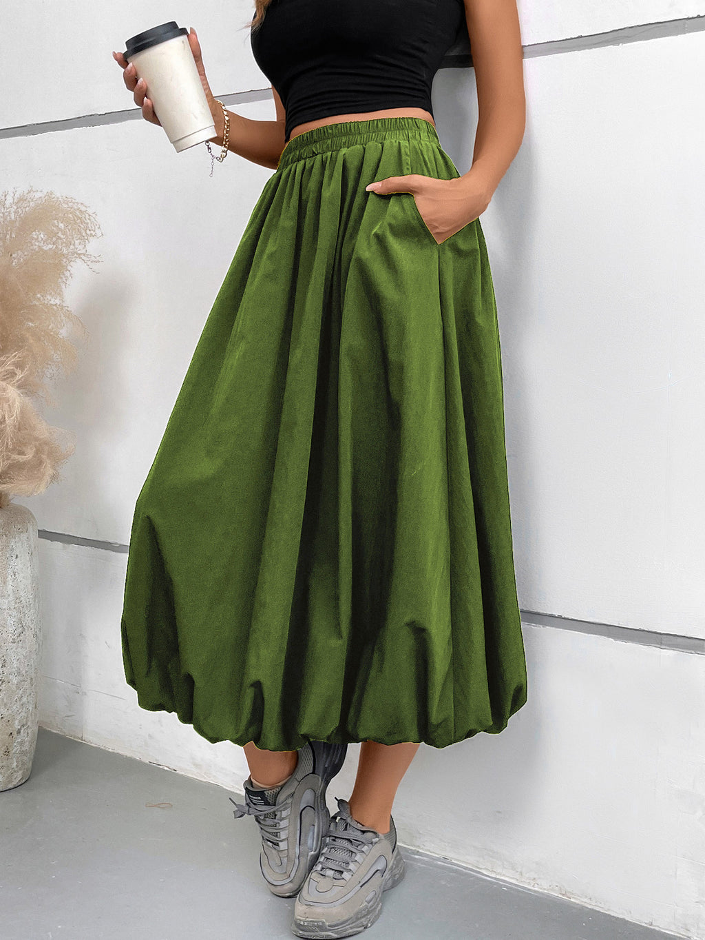 Bubble Hem Midi Skirt With Pockets