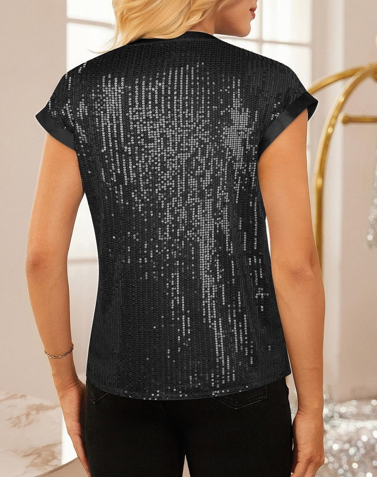 Shimmering Sequin Notch Neck Short Sleeve Top - Black