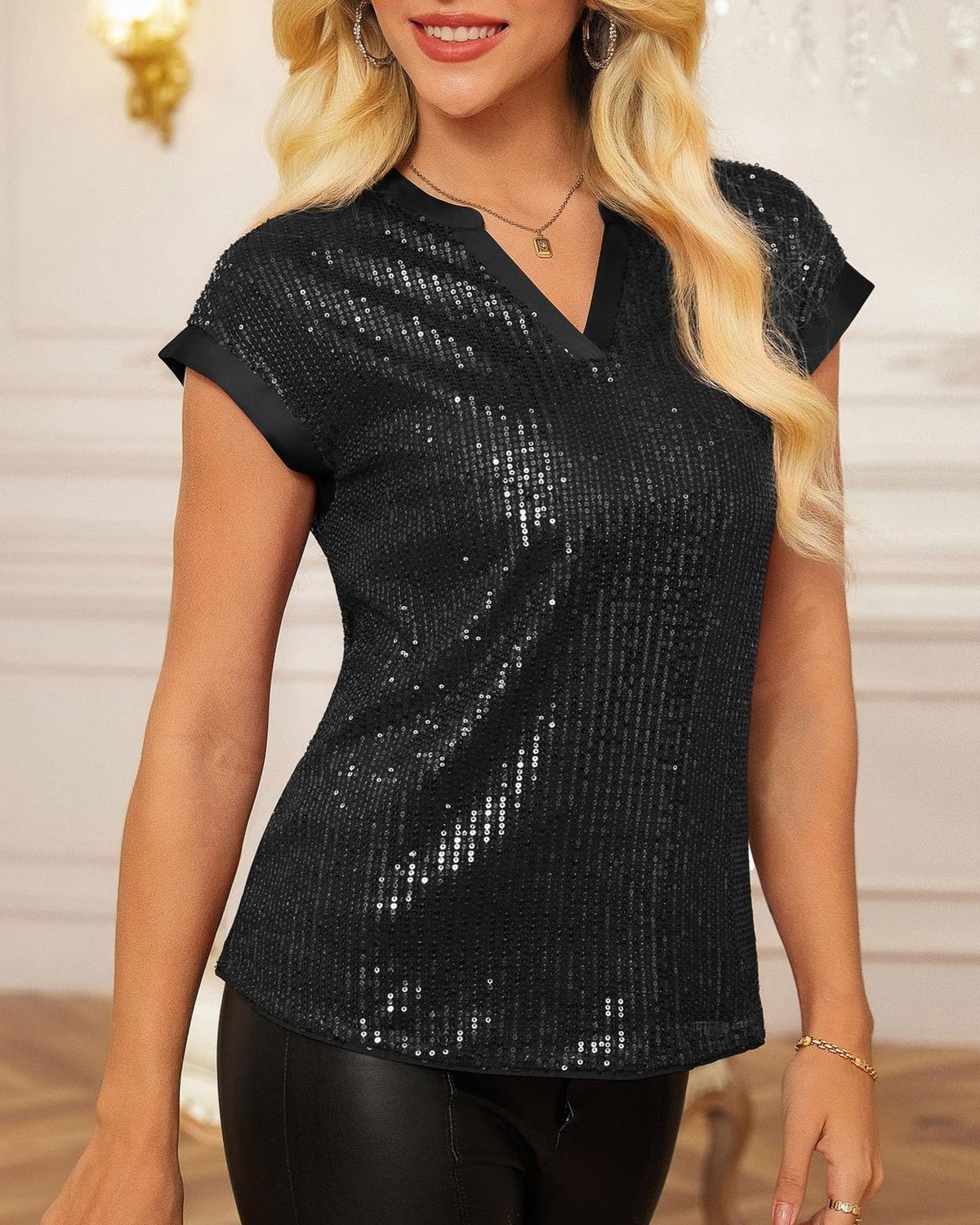 Shimmering Sequin Notch Neck Short Sleeve Top - Black - 1