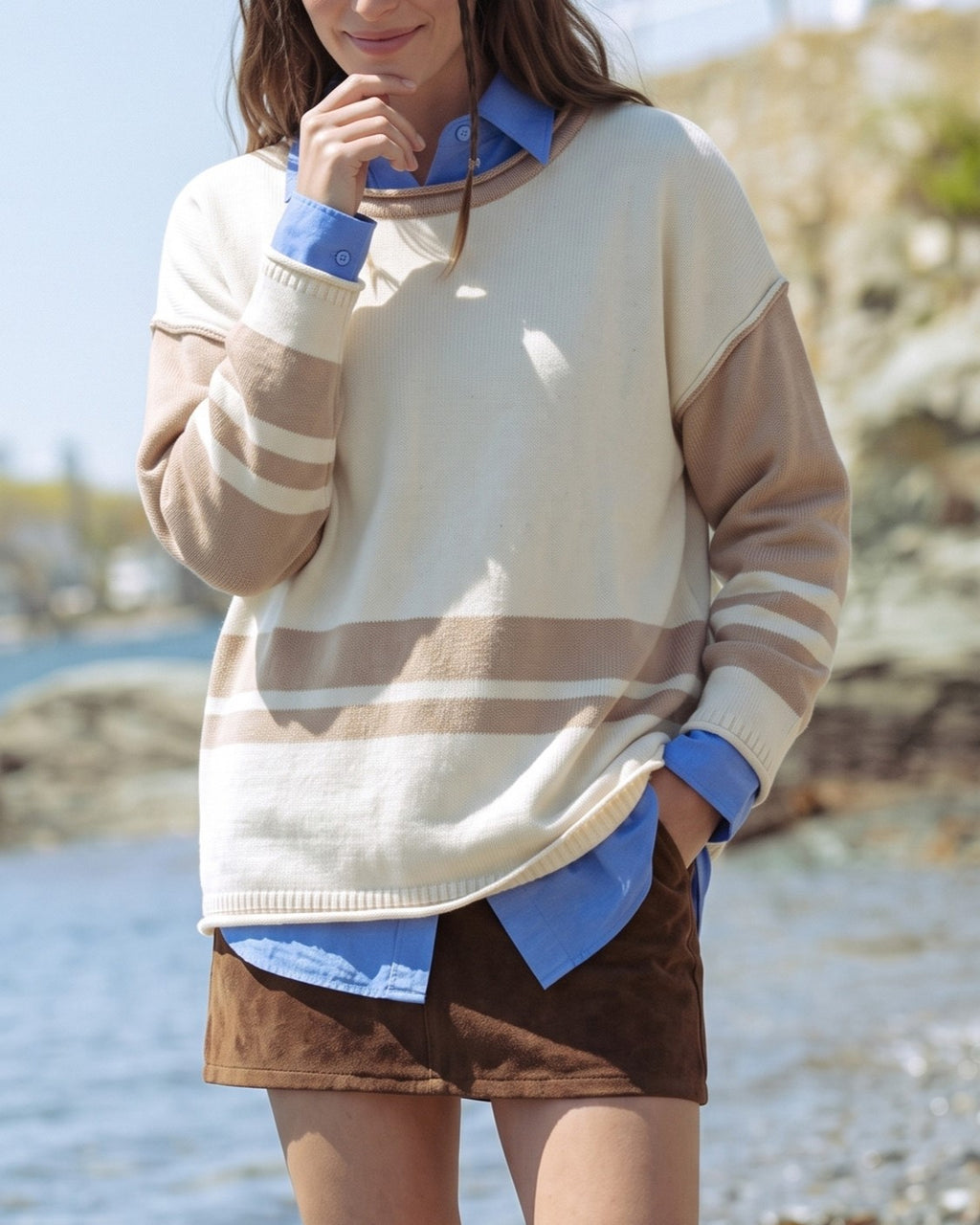 Color Block Side Slit Knit Sweater - Apricot - 1