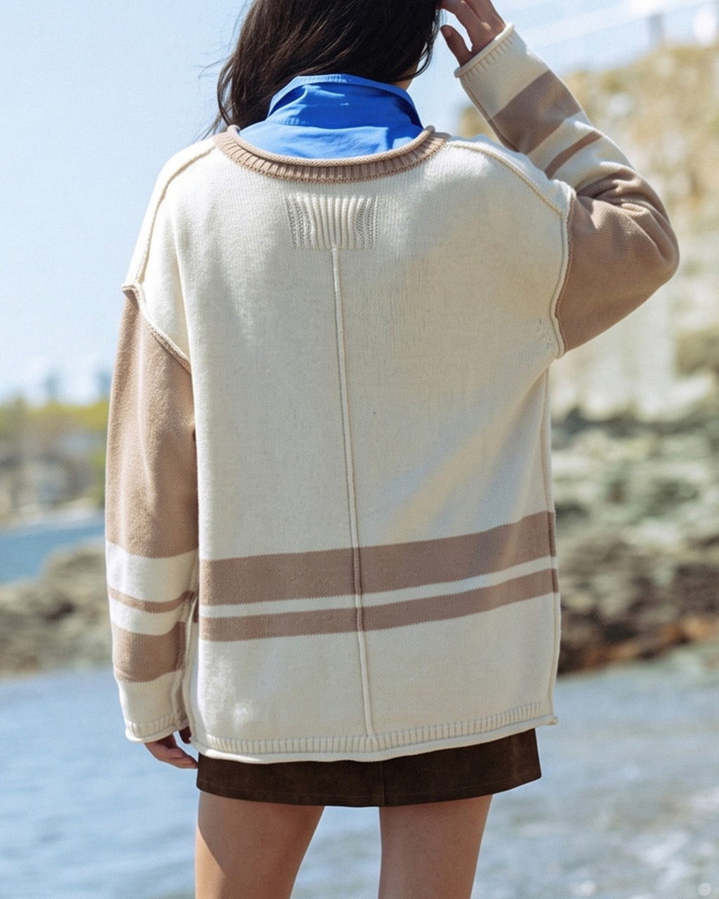 Color Block Side Slit Knit Sweater - Apricot - 2
