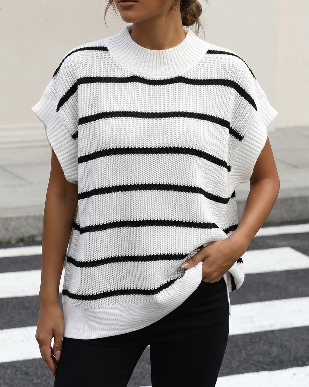 Sweater Vest With Bold Stripes And Side Slits - White