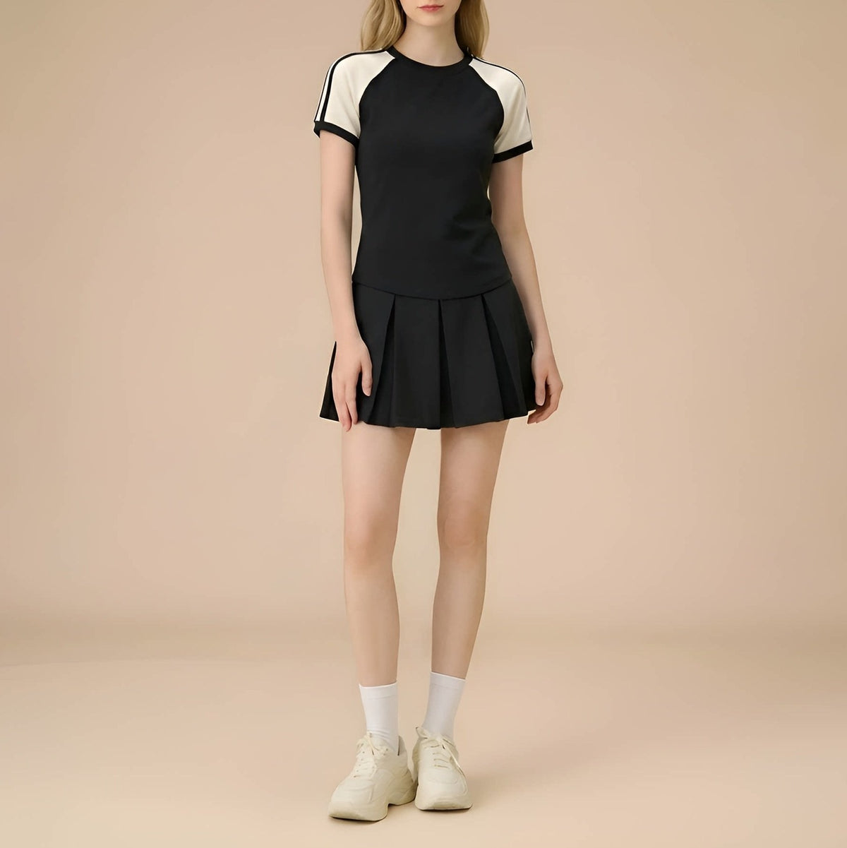 Contrast Raglan Tee and Pleated Tennis Skort Set - Black