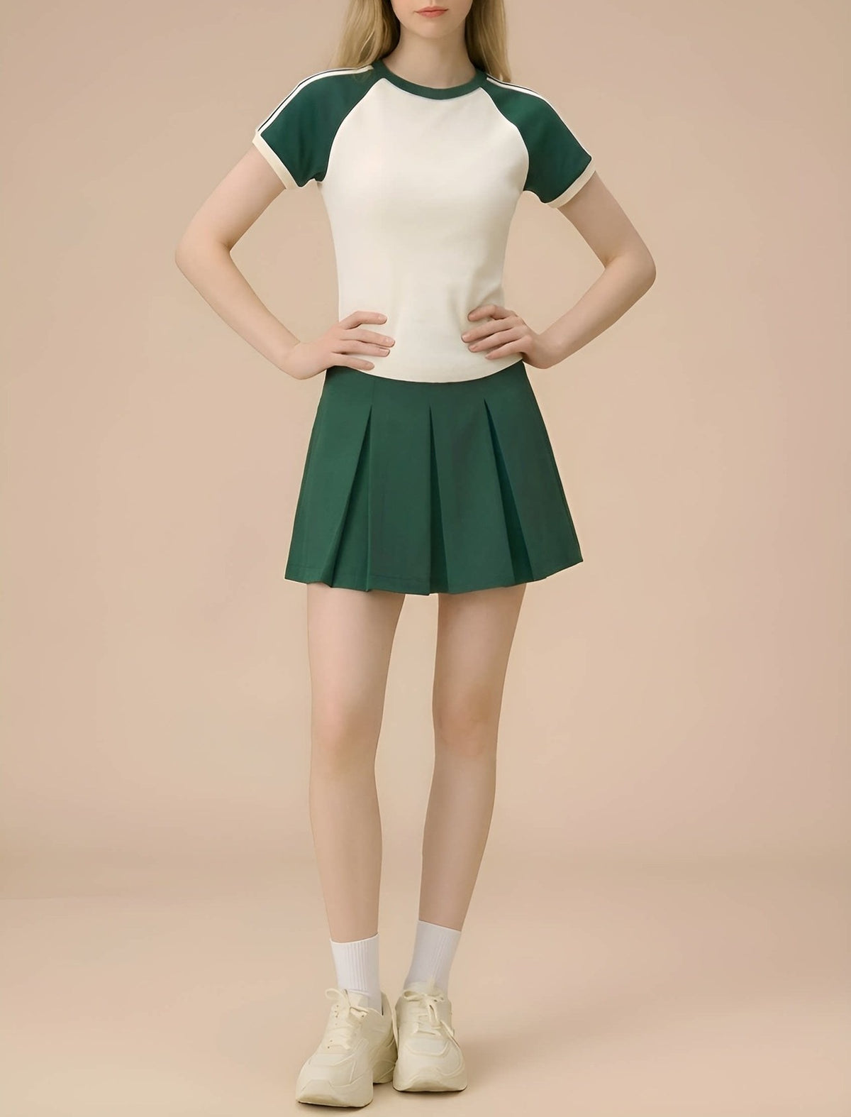 Contrast Raglan Tee and Pleated Tennis Skort Set - Forest Green