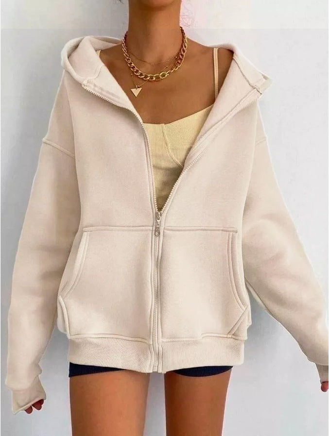 Oversized Zip Up Hooded Fleece Jacket - Beige