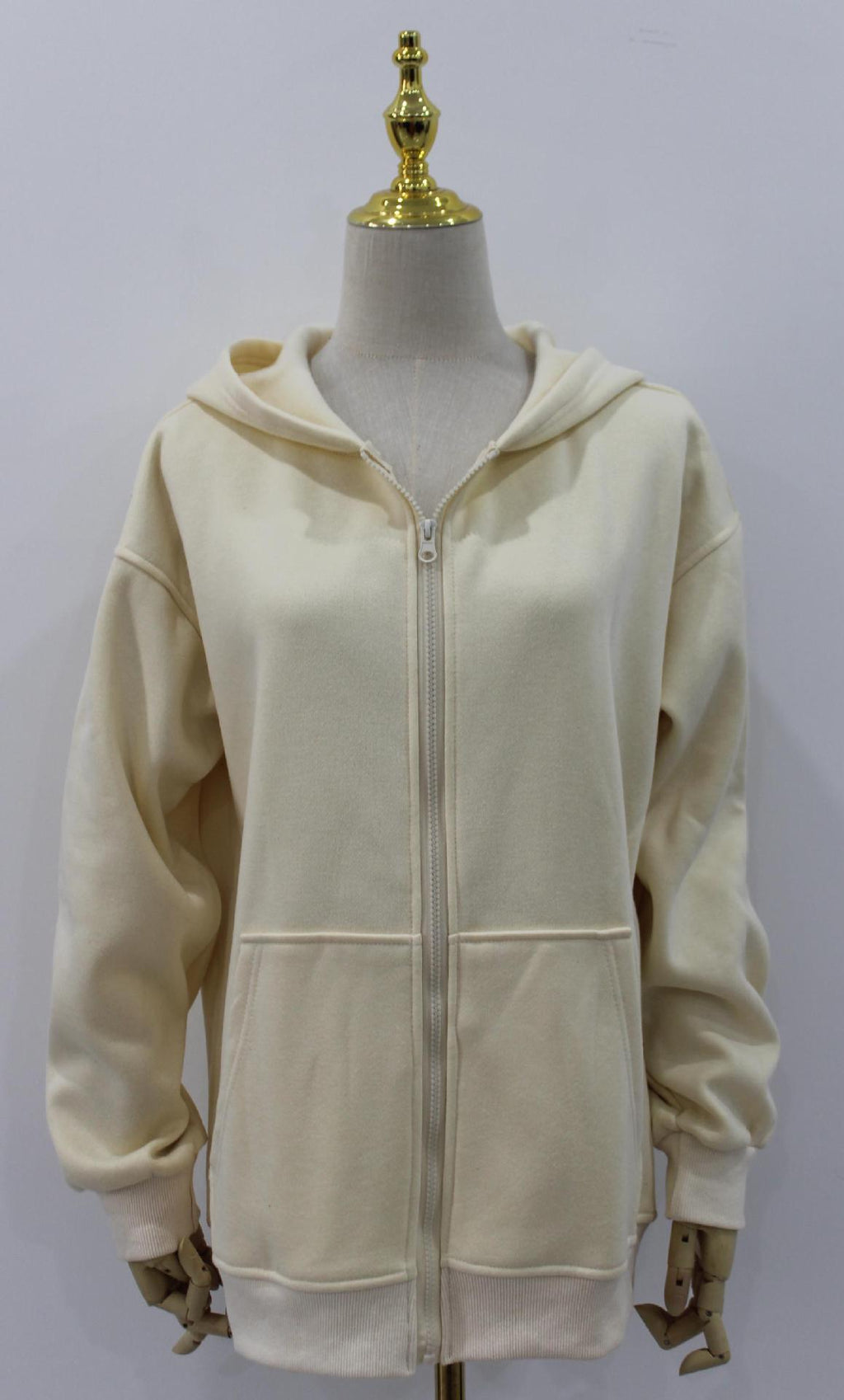 Oversized Zip Up Hooded Fleece Jacket - Beige - 1