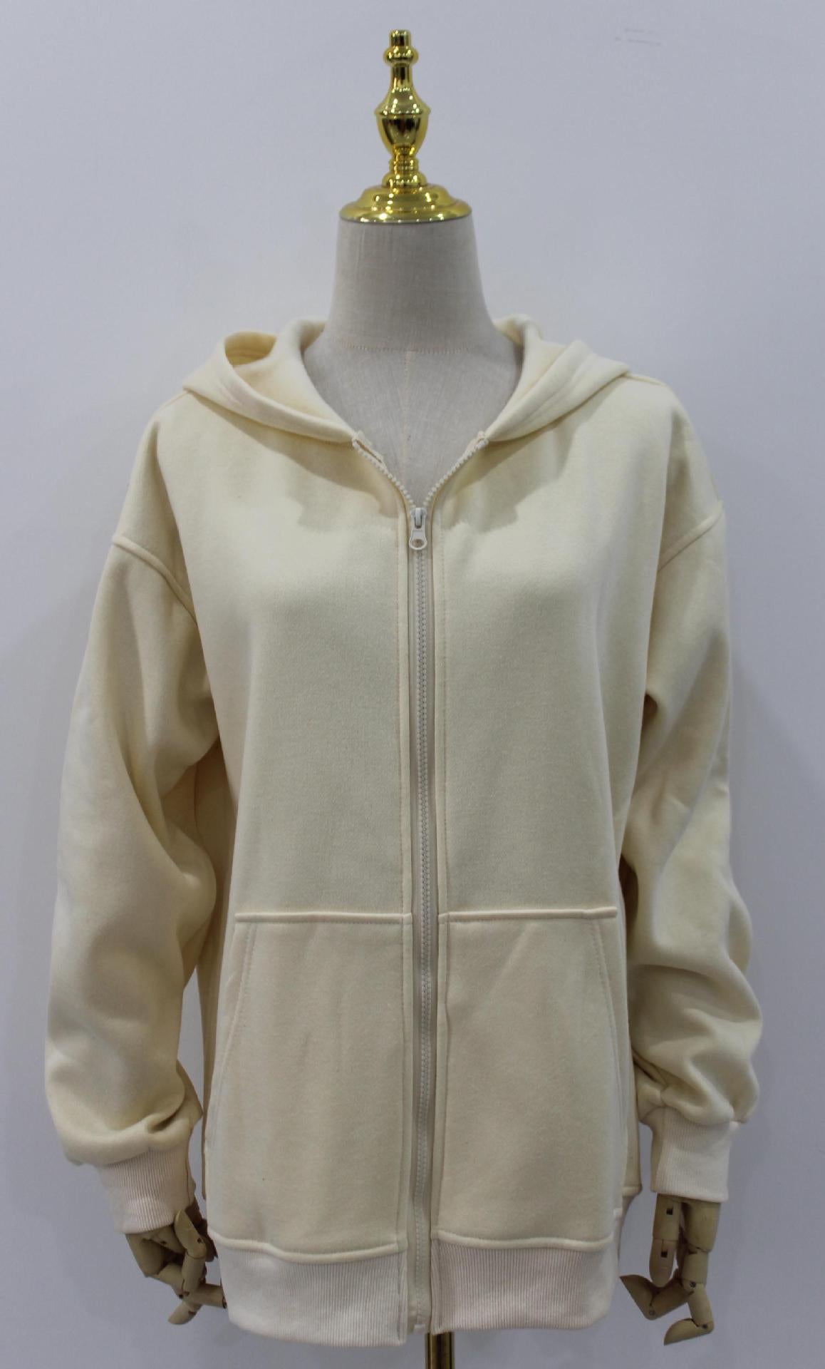 Oversized Zip Up Hooded Fleece Jacket - Beige - 1