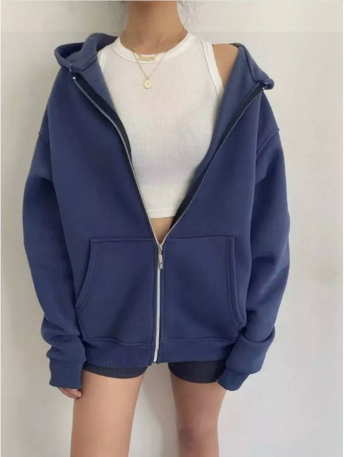 Oversized Zip Up Hooded Fleece Jacket - Blue