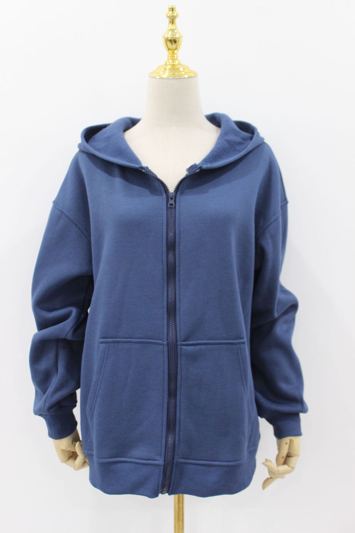 Oversized Zip Up Hooded Fleece Jacket - Blue - 1