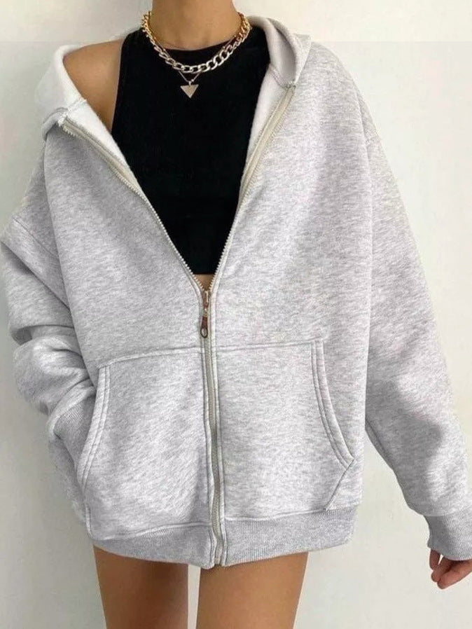 Oversized Zip Up Hooded Fleece Jacket - Ltgray