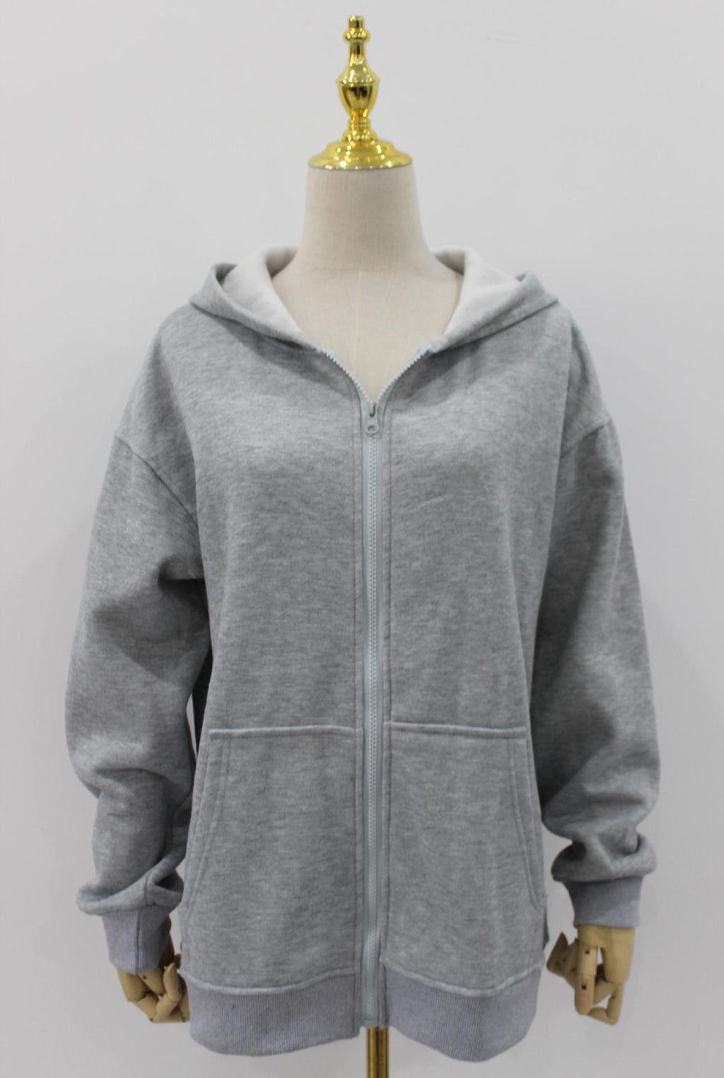 Oversized Zip Up Hooded Fleece Jacket - Ltgray - 1