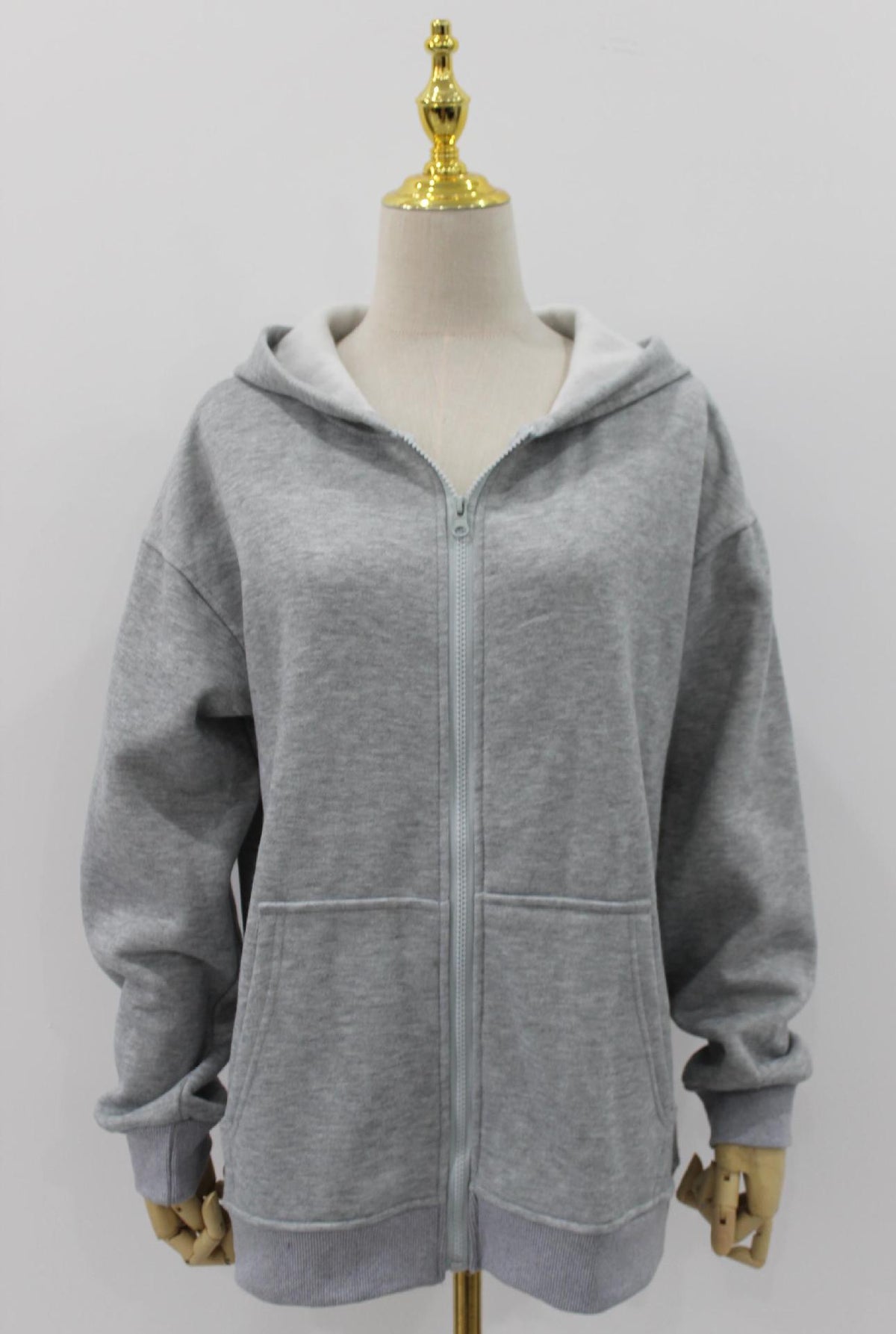 Oversized Zip Up Hooded Fleece Jacket - Ltgray - 1