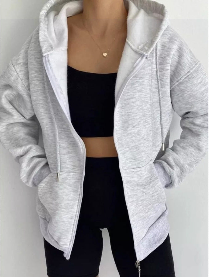 Oversized Zip Up Hooded Fleece Jacket - Ltgray - 2