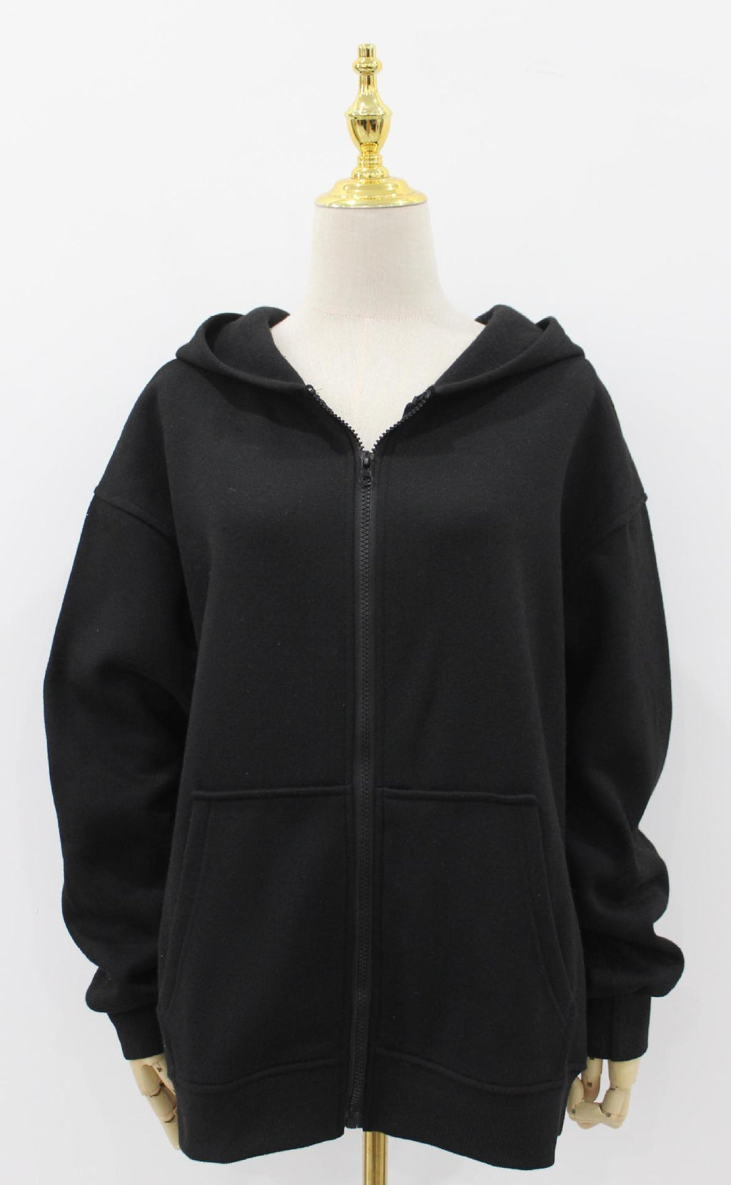 Oversized Zip Up Hooded Fleece Jacket - black - 1