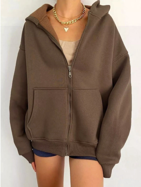Oversized Zip Up Hooded Fleece Jacket - brown
