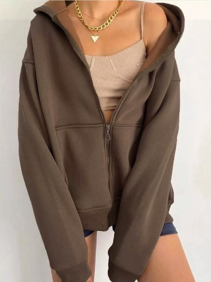 Oversized Zip Up Hooded Fleece Jacket - brown - 2