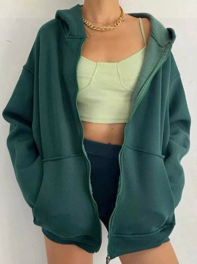 Oversized Zip Up Hooded Fleece Jacket - green