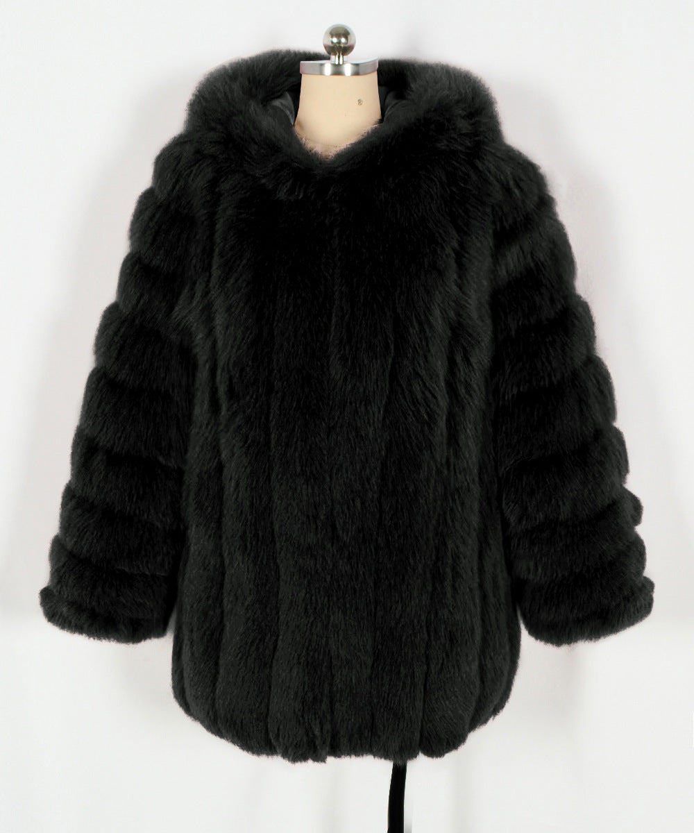 Hooded Tiered Faux Fur Longline Coat - Black