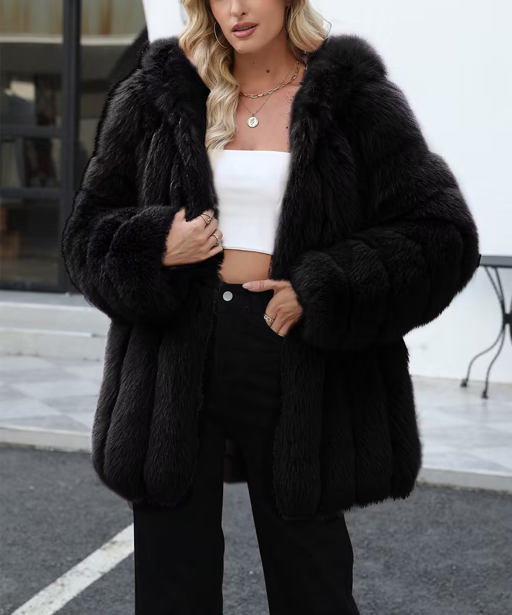 Hooded Tiered Faux Fur Longline Coat - Black - 1