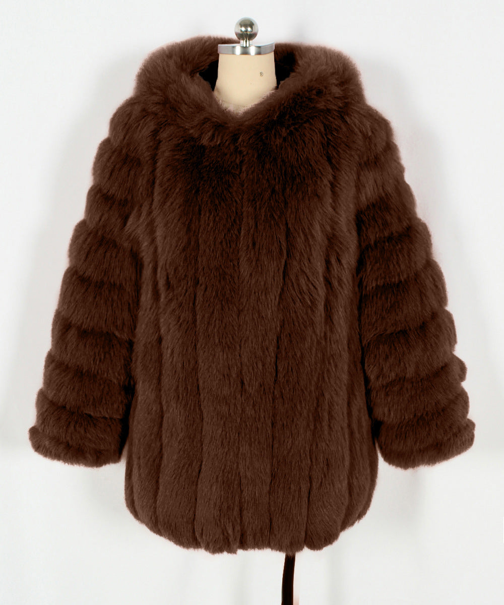 Hooded Tiered Faux Fur Longline Coat - Brown