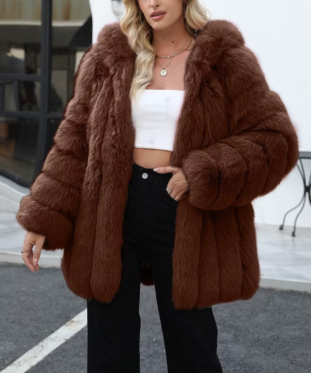 Hooded Tiered Faux Fur Longline Coat - Brown - 1