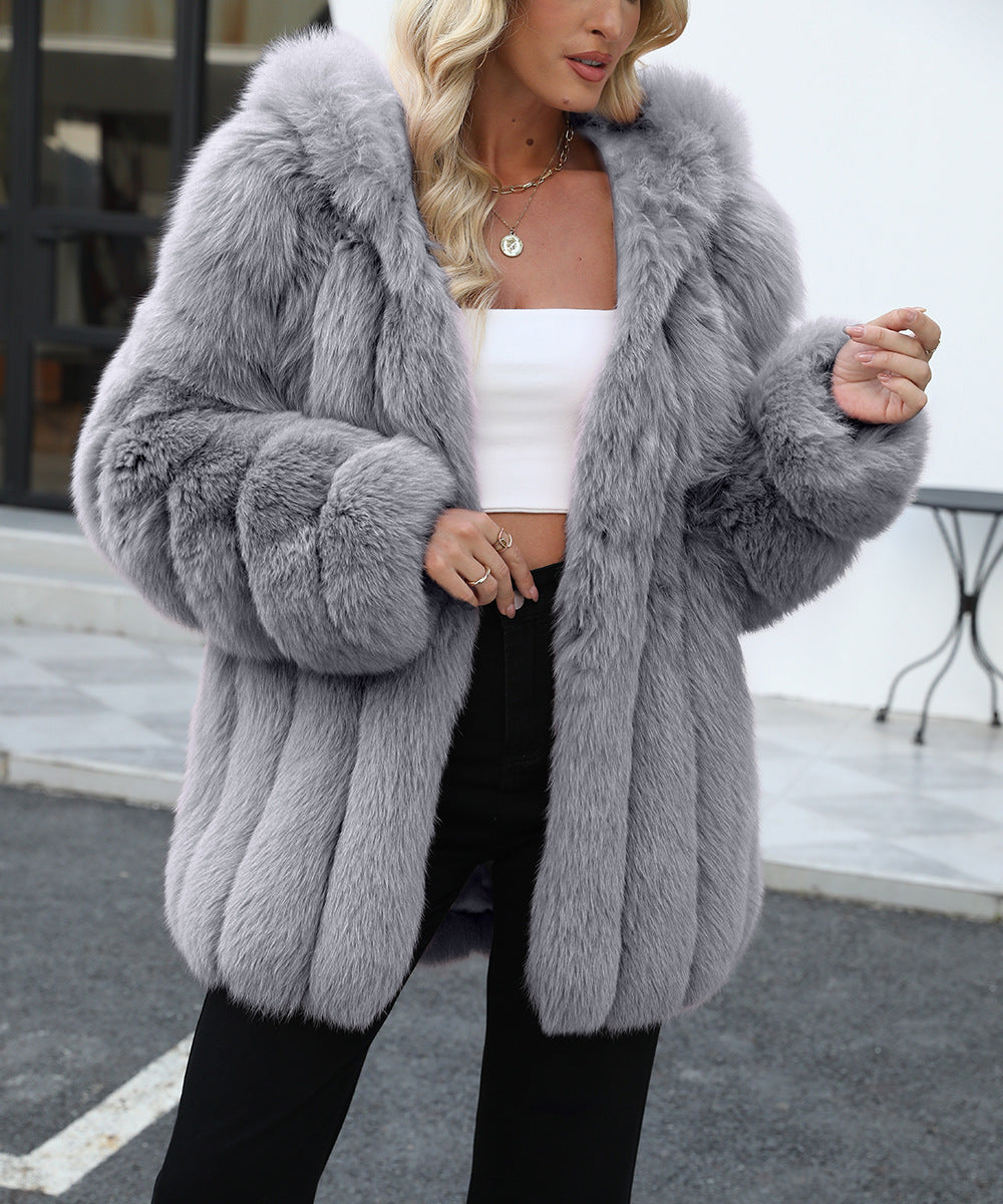 Hooded Tiered Faux Fur Longline Coat - Grey