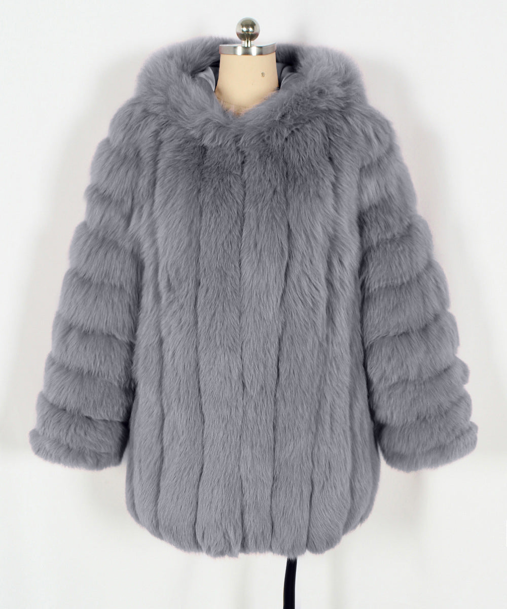 Hooded Tiered Faux Fur Longline Coat - Grey - 1