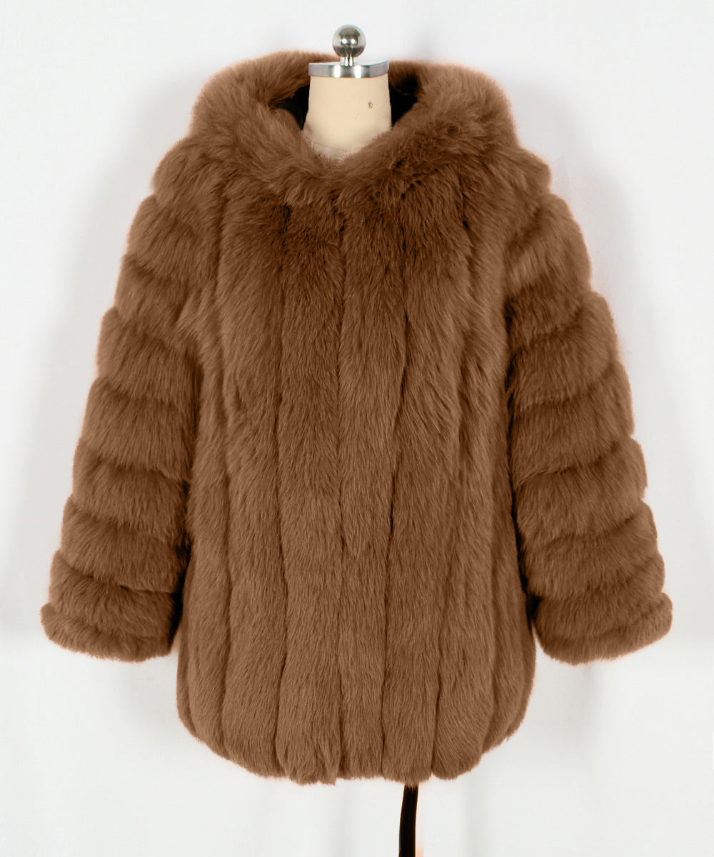 Hooded Tiered Faux Fur Longline Coat - Khaki
