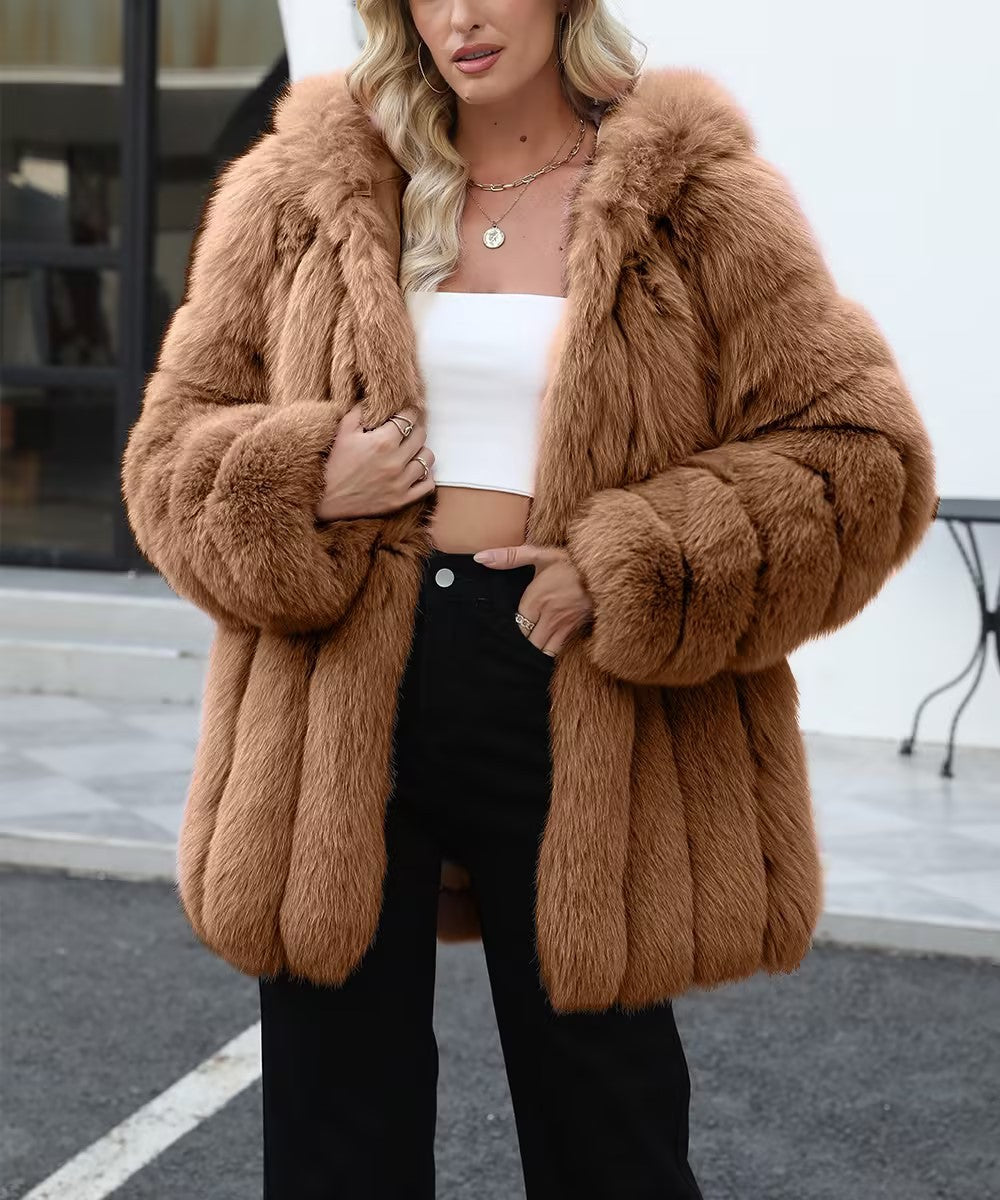 Hooded Tiered Faux Fur Longline Coat - Khaki - 1