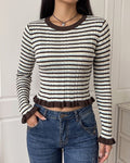 Striped Ruffle Trim Long Sleeve Tee - Brown