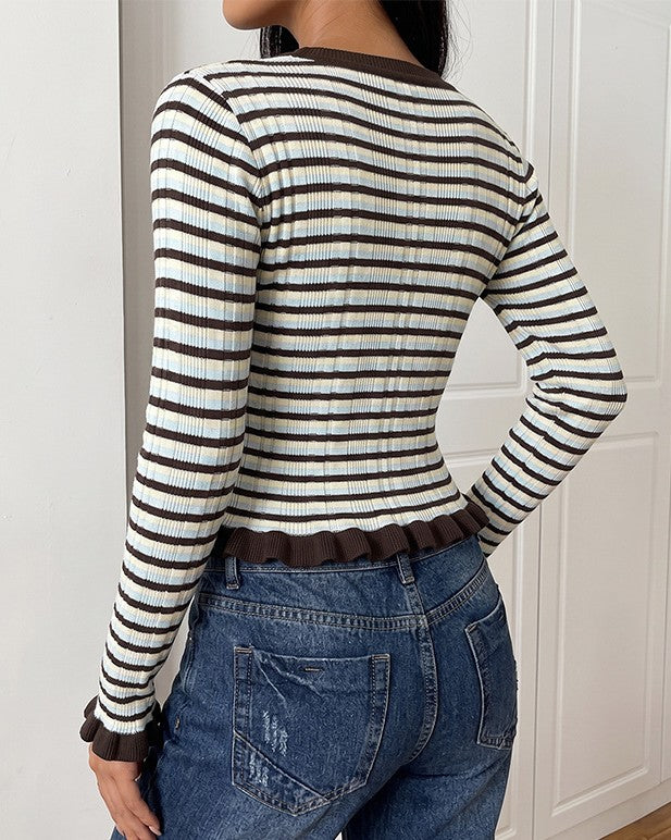 Striped Ruffle Trim Long Sleeve Tee - Brown - 3
