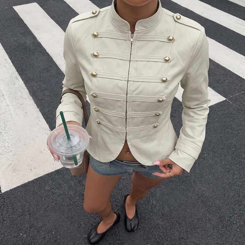 Apricot Twill Military Button Trim Cropped Jacket - Apricot - 5