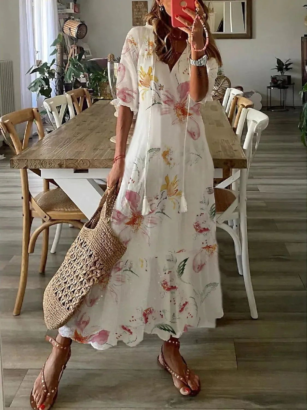 Floral Print Tiered Boho Maxi Dress - Beige