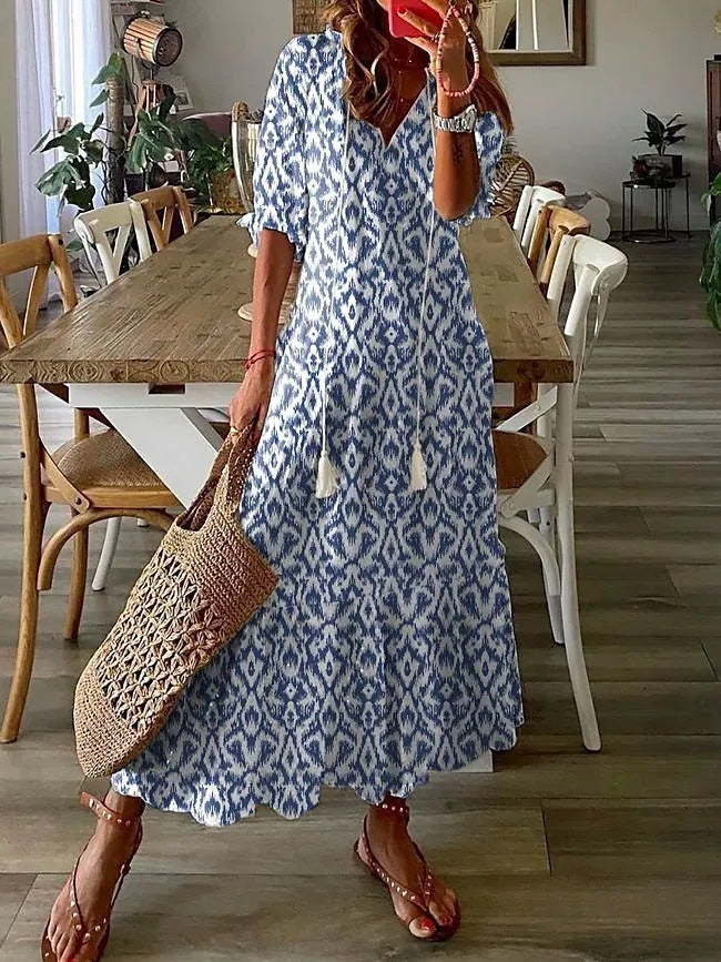 Floral Print Tiered Boho Maxi Dress - Blue
