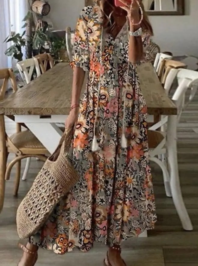 Floral Print Tiered Boho Maxi Dress - Camel