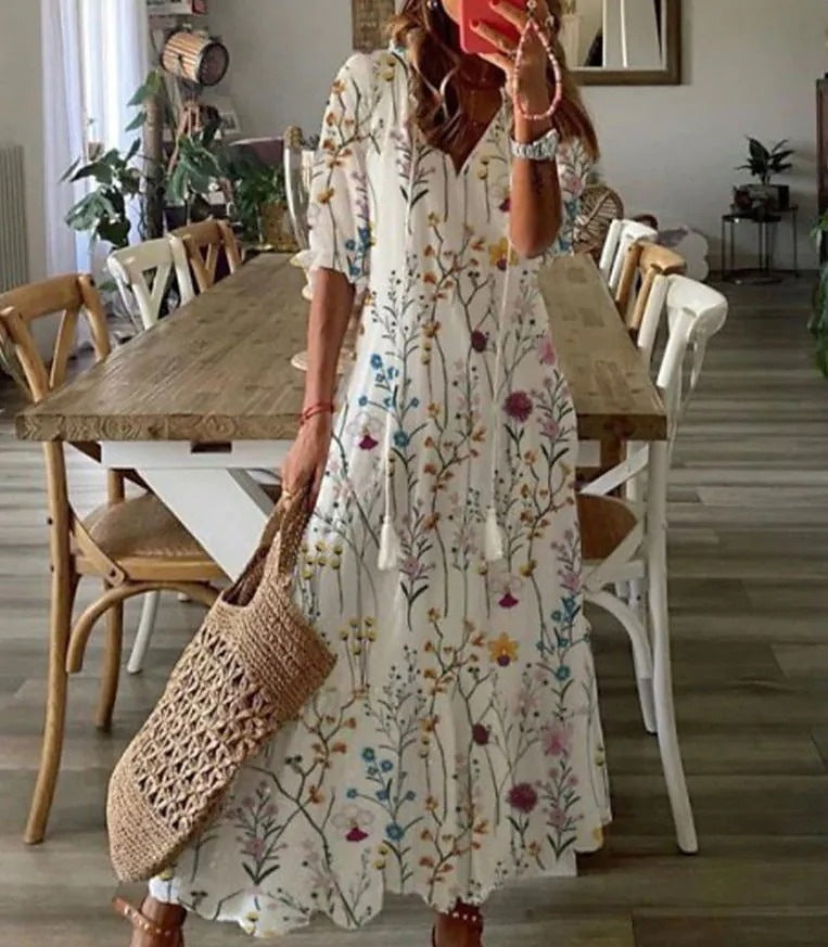 Floral Print Tiered Boho Maxi Dress - Decor