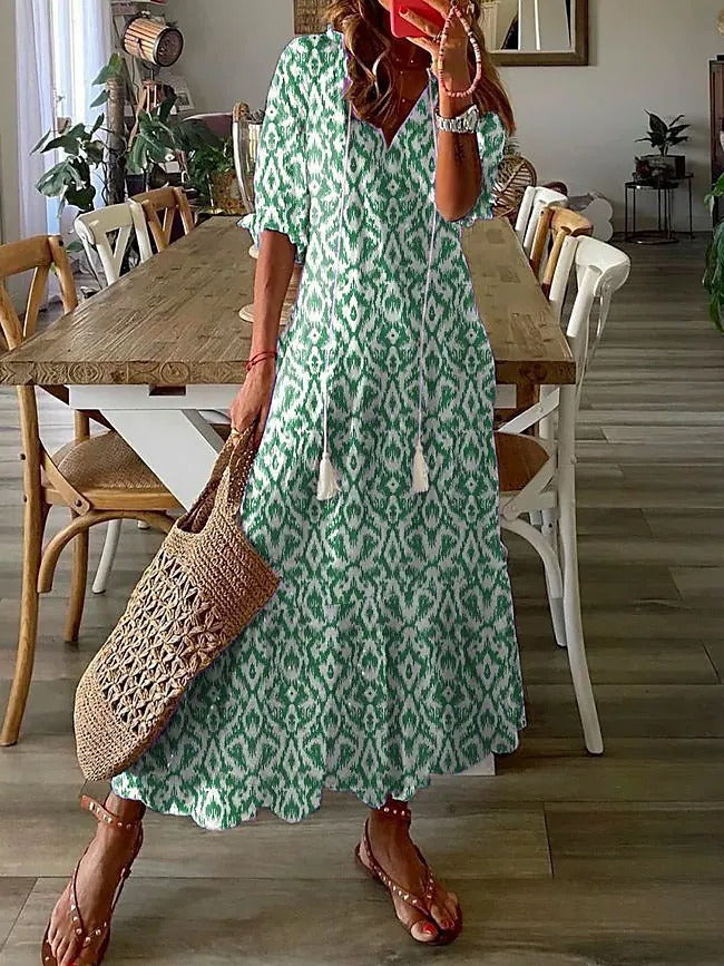 Floral Print Tiered Boho Maxi Dress - Green