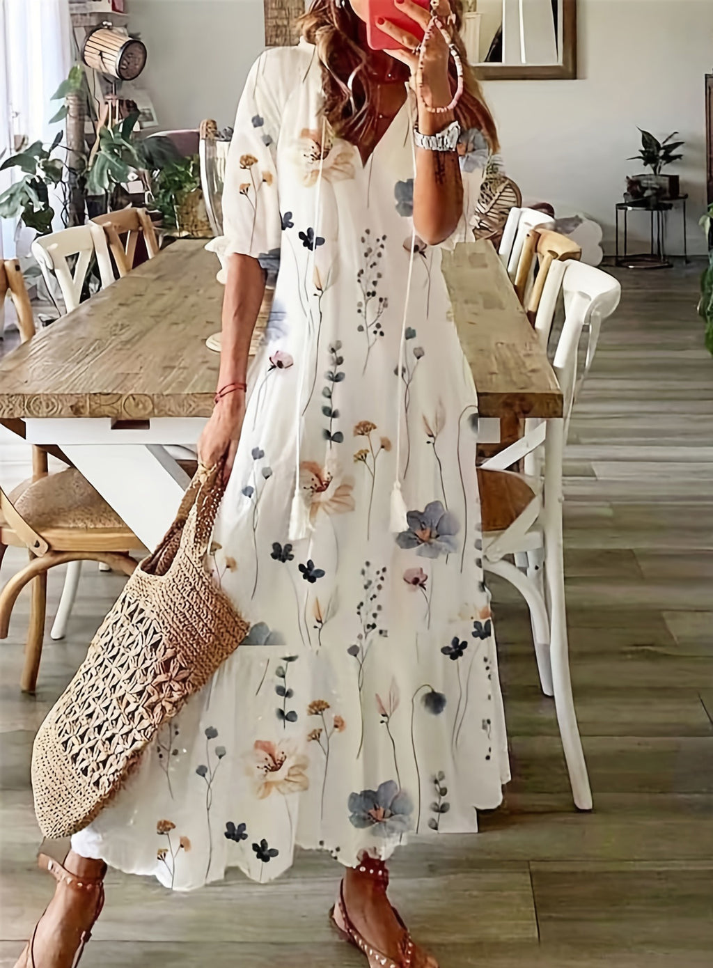 Floral Print Tiered Boho Maxi Dress - Ivory