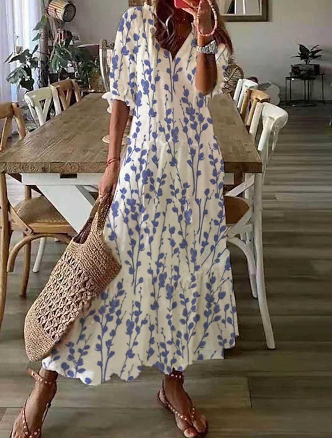 Floral Print Tiered Boho Maxi Dress - LtBlue