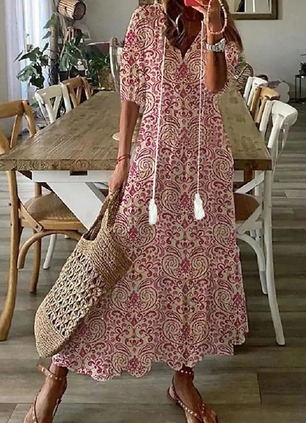 Floral Print Tiered Boho Maxi Dress - Pink