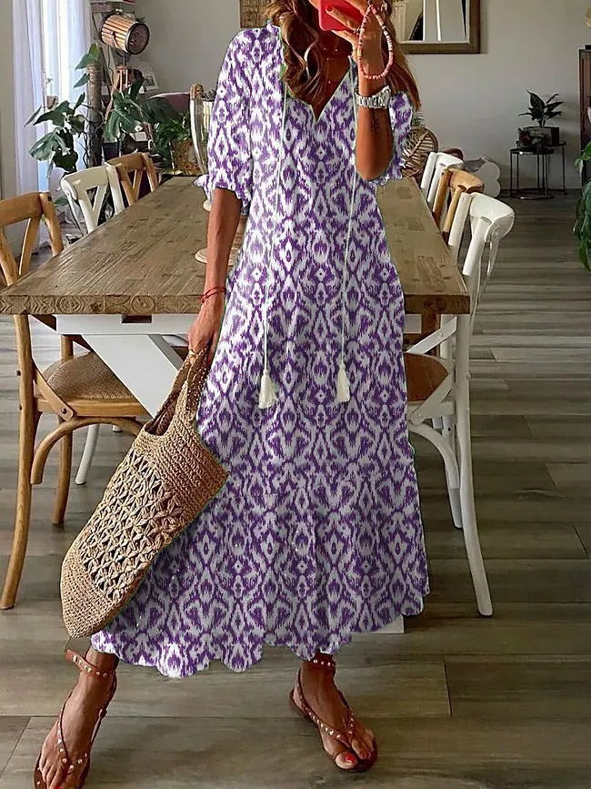 Floral Print Tiered Boho Maxi Dress - Violet