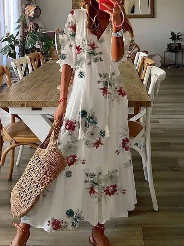 Floral Print Tiered Boho Maxi Dress - White