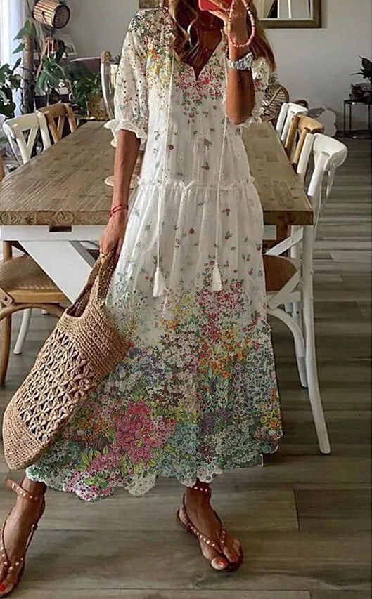 Floral Print Tiered Boho Maxi Dress - White_1