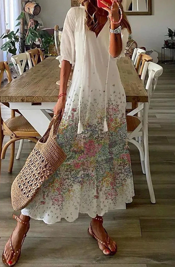 Floral Print Tiered Boho Maxi Dress - White_2