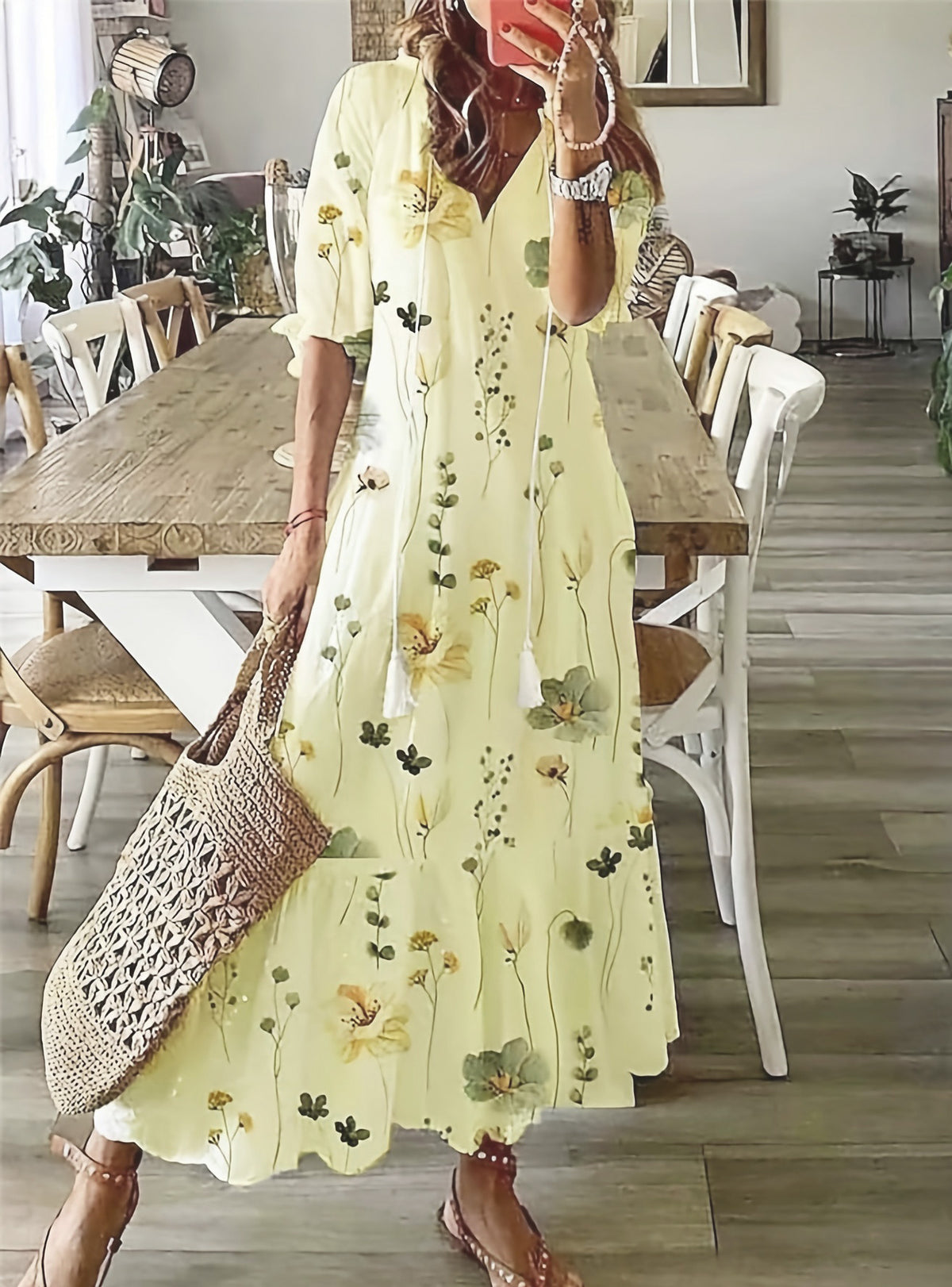 Floral Print Tiered Boho Maxi Dress - Yellow